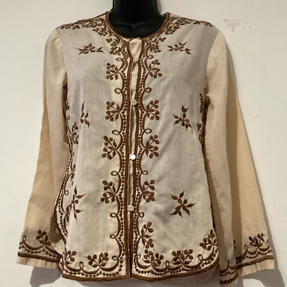 Vintage  80’s Handmade Embroidered Stitch tan & brown jacket